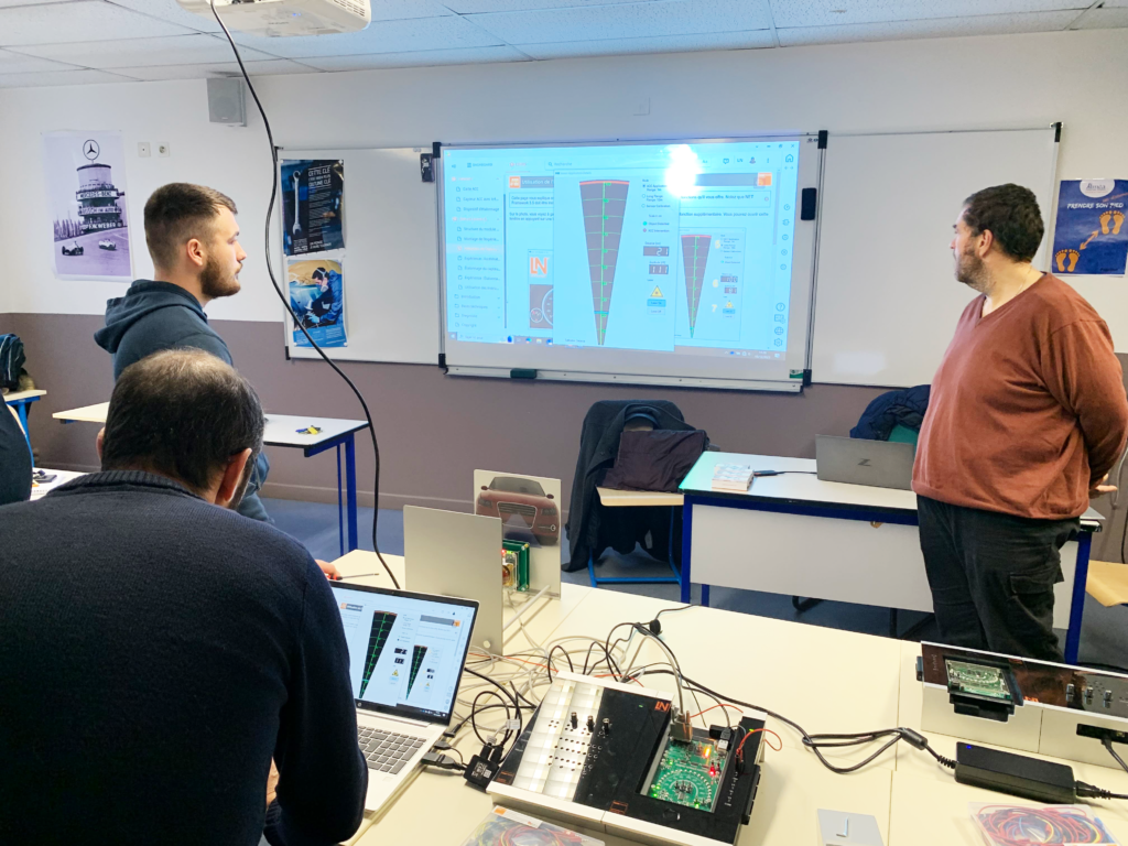 Personen schauen auf Projektion an der Wand in Train-the-Trainer-Situation mit Kfz-Trainingssystemen von Lucas-Nülle.