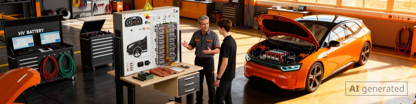 Zwei Mechaniker in einer Werkstatt für Elektroautos, die an einem Diagnosetool arbeiten, mit einem offenen orangefarbenen Elektrofahrzeug daneben.