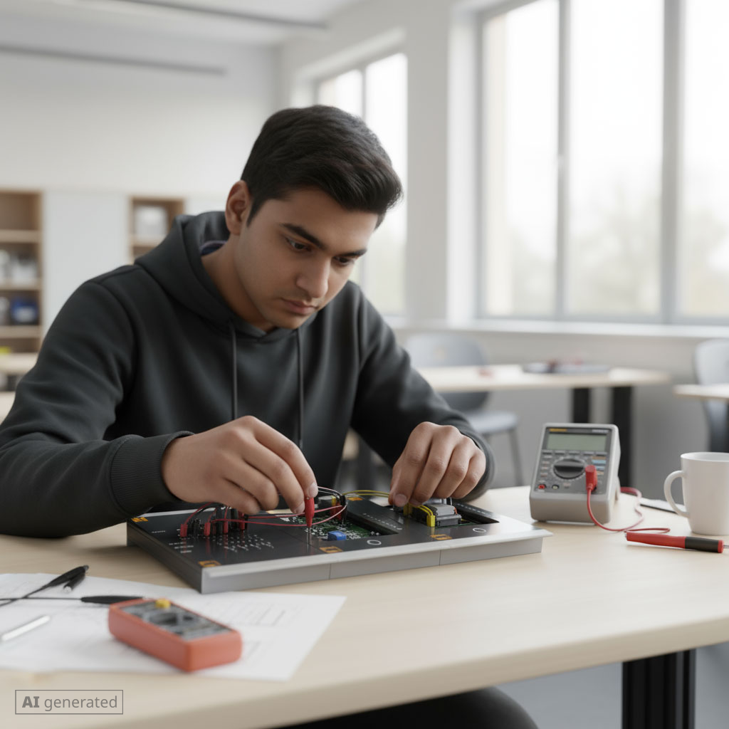 Junger Mann arbeitet konzentriert an einem Elektronik-Projekt mit einem Schaltkreis und Multimeter in einem hellen Klassenzimmer.