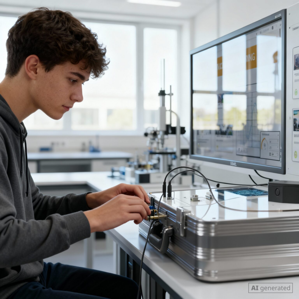 Junger Mann im Labor, der Kabel an ein technisches Gerät anschließt und auf einen Monitor blickt, der Daten anzeigt.