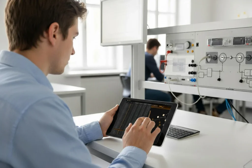 Mann arbeitet mit Tablet an komplexer Messtechnik im Forschungslabor